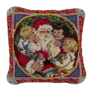 Santa Claus Children Christmas Red Velvet Needlepoint Throw Pillow Xmas Holiday